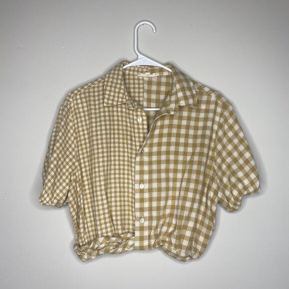 Promesa Women Carefree Gingham Top Large Cropped Button Up Patchwork Cottagecore - Picture 2 of 9